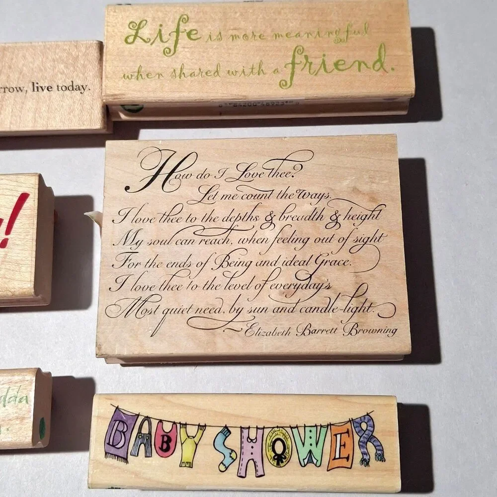 Lot of 6 Vintage Wooden Rubber Stamps Quotes, Party, Baby Shower, Poem Crafts